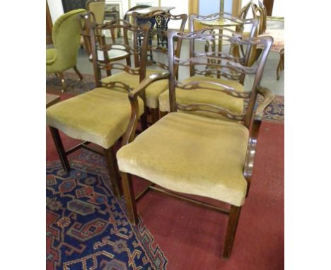 A SET OF EIGHT MAHOGANY DINING CHAIRS IN GEORGE III STYLE WITH PIERCED LADDER BACK, THE SET INCLUDING A PAIR OF ELBOW CHAIRS