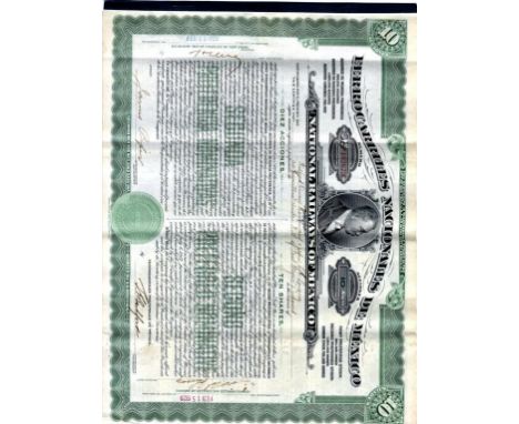 SCRIPOPHILY.  NATIONAL RAILWAYS OF MEXICO, TEN SHARE CERTIFICATES, EACH FOR TEN SHARES, PRINTED BY THE AMERICAN BANKNOTE COMP