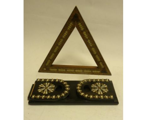 A VICTORIAN GILT BRASS AND IVORY MOUNTED EBONY BOOK SLIDE AND A VICTORIAN INLAID MAHOGANY TRIANGULAR CRIBBAGE BOARD 