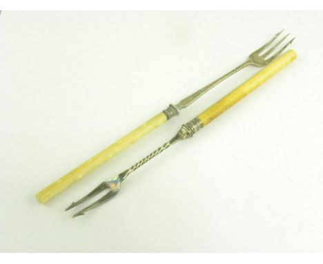 A VICTORIAN SILVER PICKLE FORK, BONE HAFTED, BIRMINGHAM 1886 AND A CONTEMPORARY BONE HAFTED PICKLE FORK
