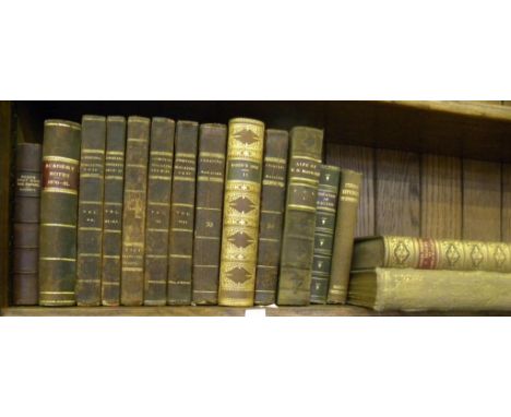 HALF A SHELF OF LEATHER BOUND BOOKS, INCLUDING THE SPORTING MAGAZINE, EARLY 19TH CENTURY AND ACADEMY NOTES, 1876 - 81