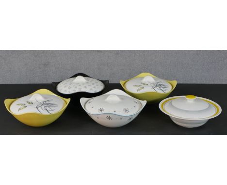 A group of five Midwinter Stylecraft fashion shape tureens, in four designs. H.23 W.23cm (largest) 