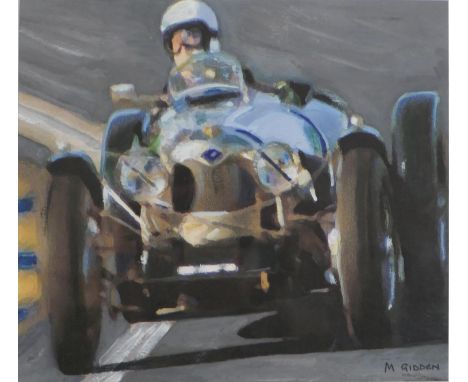 A framed and glazed watercolour and acrylic on paper of a driver in a vintage car, signed M. Gidden. H.34 W.36cm 