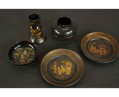 A collection of early Japanese lacquer ware, including a pen pot, a vase, trinket dish and two gilded and painted plates with