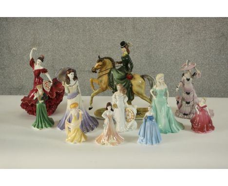 A Coalport hand painted porcelain model, La Promenade a Cheval, marked 22/1000, along with ten other Coalport and Royal Worce