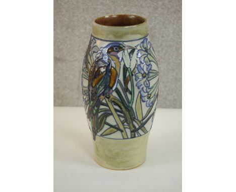 Harry Simeon for Royal Doulton, a stoneware vase, ovoid form, decorated with a band of tube lined flowers and a bird, incised