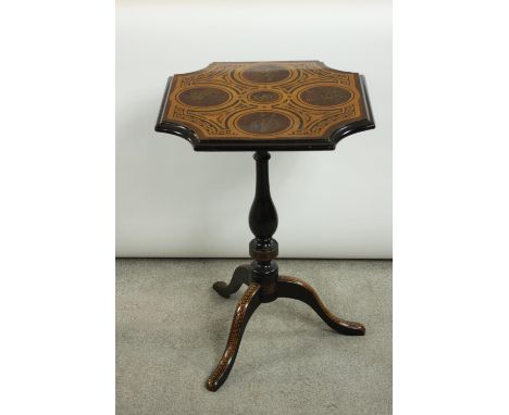 A 20th century George III style ebonised occasional table, the square top with canted corners decorated in ancient Greek styl