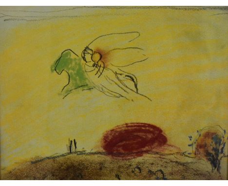 Two framed and glazed prints and an unframed drawing, Chagals Le Cantique des Cantiques IV, label verso, a signed print by Mi