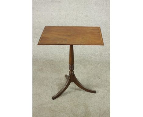 A 19th century walnut occasional table, the rectangular top with inlaid border, on a turned stem with reeded tripod legs. H.6