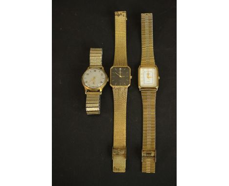 Three Gentleman's vintage watches, a Seconda quartz black faced gold tone watch with woven design strap, a Timex quartz gold 