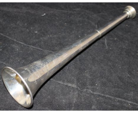 A Victorian silver hunting horn inscribed "W. F. D. Saunders from Conrade & Susan Abadam, 27th September 1872" (London 1872 b