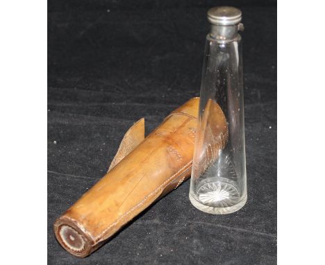 A silver mounted conical glass saddle flask stamped "Asprey", in leather case