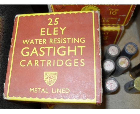 A selection of rare cartridges including one box 25 Eley gas tight metal lined cartridges 32- gauge smokeless diamond 6 shot 