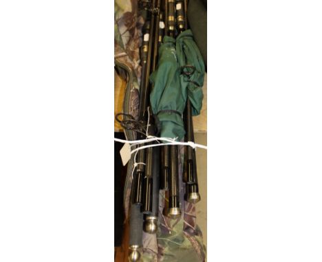 Two Free Spirit "Bank Creeper" 10' stalking rods, two Century "S1 Stalker, Stealth" 10' two-piece carp rods, and a Shimano "T