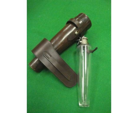 A conical glass saddle flask with plated mounts and leather case