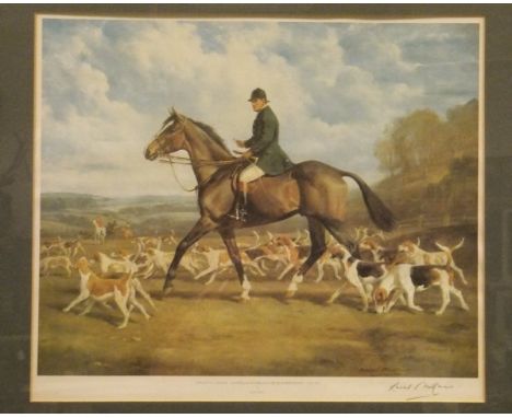AFTER RAOUL MILLAIS "Captain RE Wallace Master and Huntsman of the Heythrop Hounds 1952-1977", colour print, signed in pencil