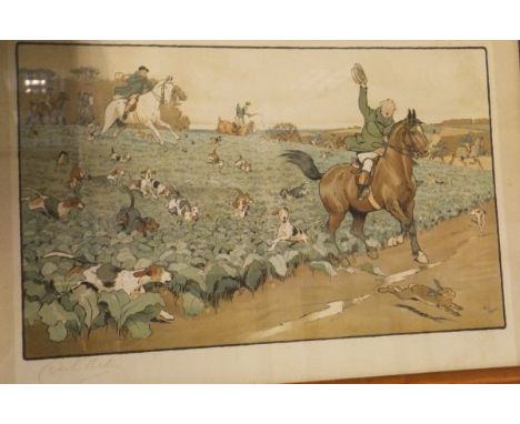 AFTER CECIL ALDIN "Hare Hunting" chromolithograph signed in pencil bottom left CONDITION REPORTS 62.5 x 43 plus mount and fra
