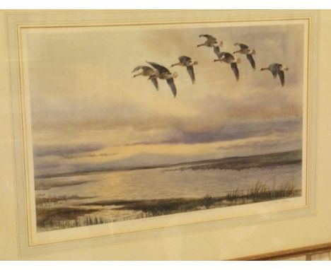 AFTER ROLAND GREEN "Pink Foot Geese Coming In Over Marshes", colour print, signed in pencil, together with AFTER HENRY ALKEN 
