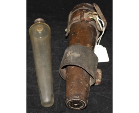 A silver mounted glass conical hunting flask with leather case