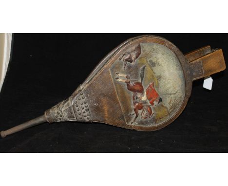 A pair of early 20th Century carved oak bellows with painted hunting scene decoration