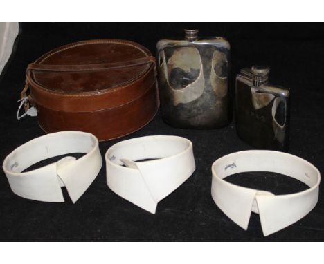 A James Dixon & Sons plated hip flask, together with another similar larger example and a leather collar box stamped "WP R-B"
