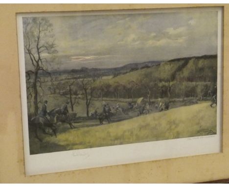 AFTER LIONEL EDWARDS "The North Warwickshire", a study of huntsmen and hounds in a landscape, colour print, signed bottom lef