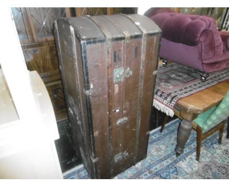 19TH CENTURY METAL,  WOODEN BOUND AND CANVAS STEAMER TRUNK, H137CM W60CM D51CM