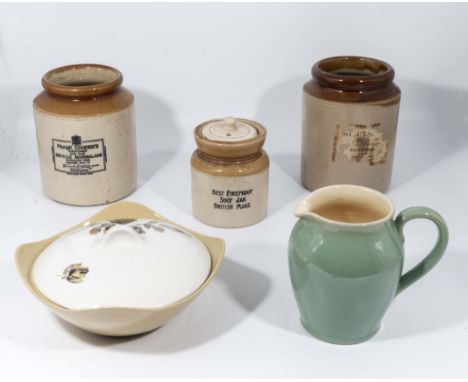 A Midwinter casserole dish, Denby jug, and 3 stoneware jars