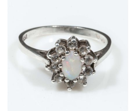 Opal and Diamond flower head set ring in white gold