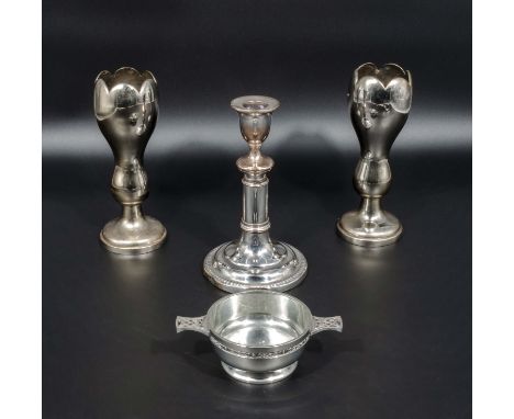 Two silver plate vases, a candlestick together with A Scottish Quaich