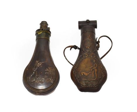 A 19th Century Copper Powder Flask, of pear shape with canted lower edges, one side embossed with a double cartouche of hunte