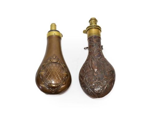 A 19th Century Copper Powder Flask By G &amp; J W Hawksley, Sheffield, richly embossed with hanging game birds within a borde