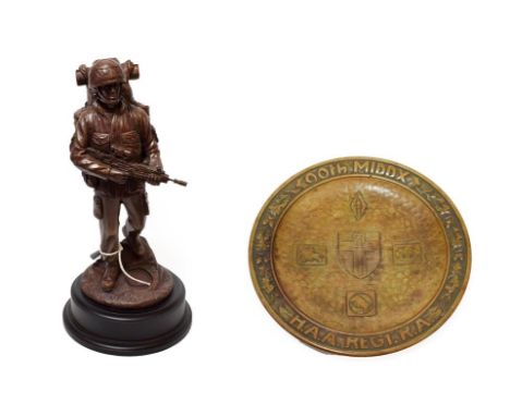 A Ballantynes Bronzed Resin Figure of an 'A1a Patrol Order', dressed in full combat gear, standing on a wood socle, 31cm; a W