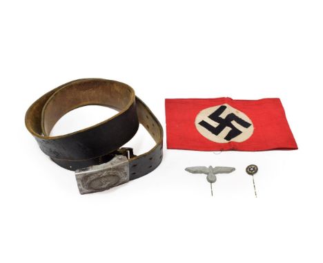 A German Third Reich Luftwaffe EM's Belt, in black leather, the tab faintly stamped with maker's mark, with silver washed ste