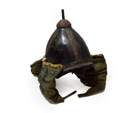 A Korean ''War'' Helmet, possibly 17th Century, of  black lacquered leather with four vertical steel bands terminating in a p