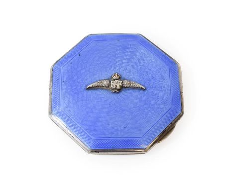 A George V Silver and Enamel Compact, by John William Barrett, Birmingham, 1935, octagonal, the hinged cover with blue enamel