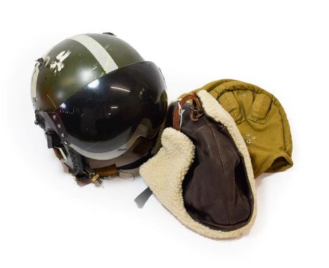 An RAF MK.3C (Bonedome) Flying Helmet, with two visors, one clear , the other tinted, reflective tape cross to the skull, wit