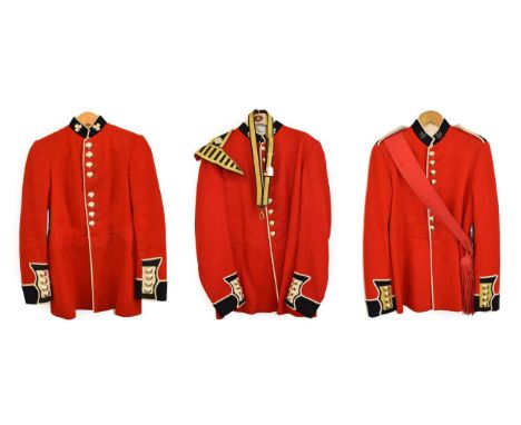 An Elizabeth II Home Service Scarlet Dress Tunic to a Sergeant the Irish Guards, with bullion thread shamrock embroidered col