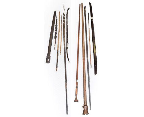 A Collection of Eleven Various Melanesian Weapons, including two Papua New Guinea palm wood fish spears, two sumpitans, a Tro