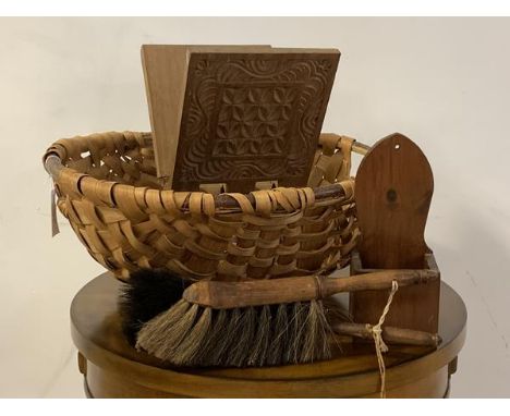 A mixed lot to include; a woven trug type basket with two handles, (L56cm) a carved mahogany folding book rest (H42cm) a stai