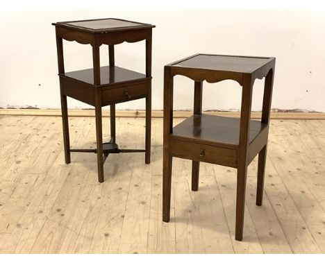 Two early 20th century mahogany two tier lamp tables, each fitted with a drawer, H78cm, 38cm x 38cm