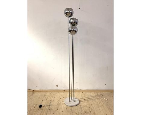 A post modern chrome three branch lamp standard, on a white painted circular base, H188cm