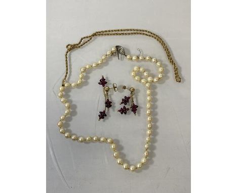 A cultured pearl necklace with silver clasp, (when closed - 23cm), two drop earrings with polished amethyst, one having push 