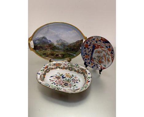 A Victorian Minton serving dish with transfer printed handpainted floral decorated Chinese style centre panel with lantern, p