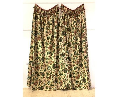 A Large pair of lined and interlined country house curtains, the pale gold field with foliate design, Each measures, with a p