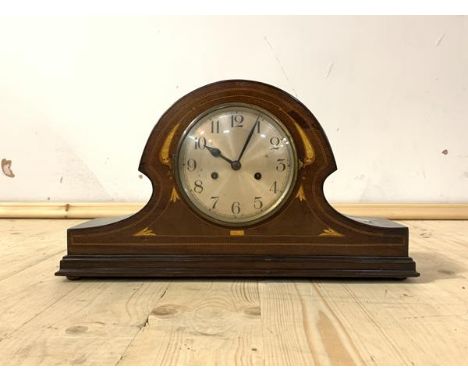 An early 20th century inlaid mahogany mantel clock, silvered dial with Arabic chapter ring, eight day movement striking on a 