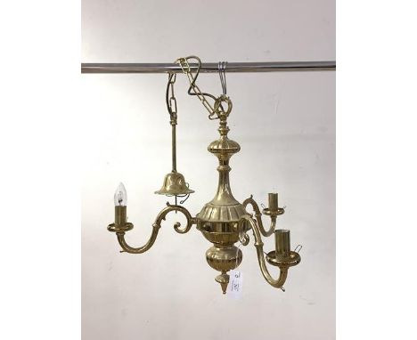 A Dutch style gilt brass three branch chandelier with chain and ceiling rose, H53cm