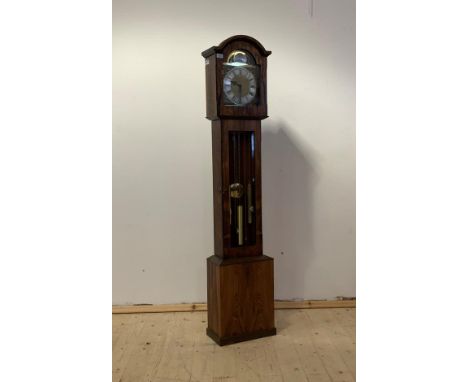 A late 20th century Westminster chiming rosewood veneered long case clock, with Roman chapter ring, triple chain weight drive