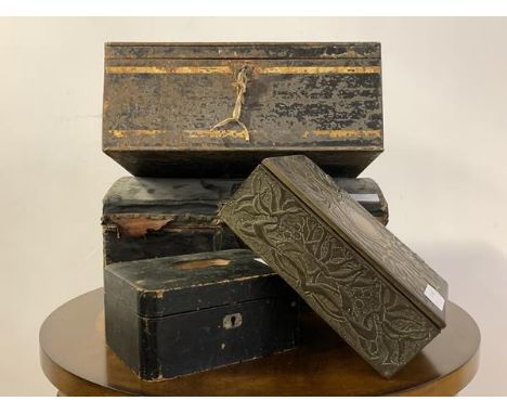 A Vintage black Japanned and gilt deed box (W39cm) together with an Art Nouveau period hammered brass trinket box (W26cm) and