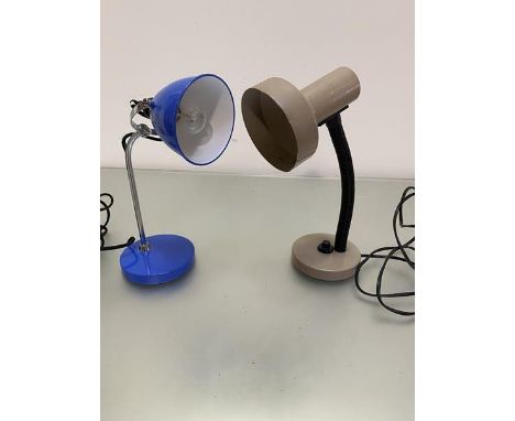 A John Lewis desk lamp with blue enamelled shade and base and chrome stand, (stand h 30cm) and a mid century mushroom coloure